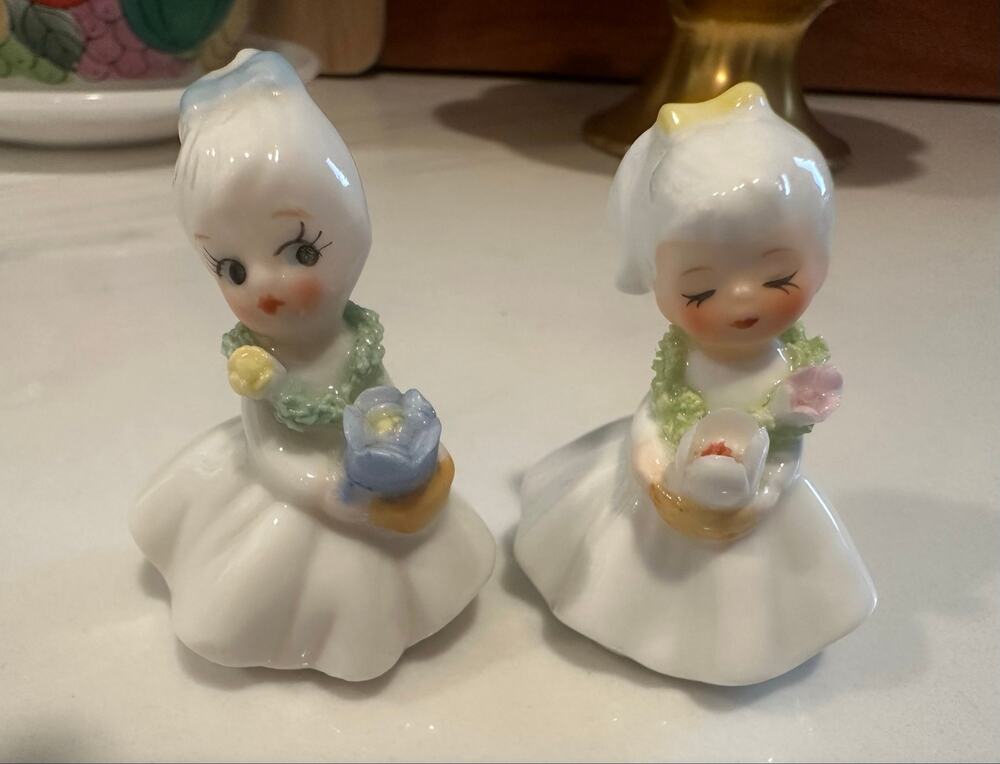 Vintage Miniature Porcelain Flower Girls Figurines Pair 2” Pastel Flowers